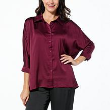 Nina Leonard Hammered Satin Button Front Dolman Top