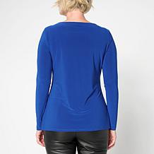 Nina Leonard Pleated Neck Long-Sleeve Knit Top