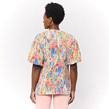 Nina Leonard Print Textured Wave Bubble-Sleeve Shirt