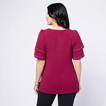 Nina Leonard Round Neck Double Flutter Sleeve Top