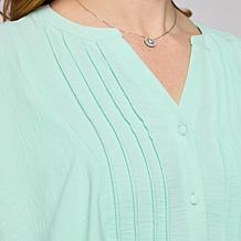 Nina Leonard Textured Wave Flutter-Sleeve Mandarin Collar Blouse