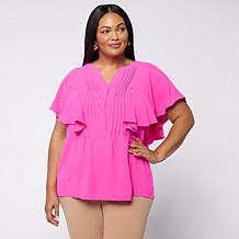 Nina Leonard Textured Wave Flutter-Sleeve Mandarin Collar Blouse