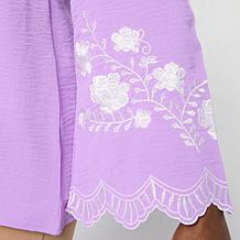 Nina Leonard Textured Wave Knit Embroidered Bell-Sleeve Top