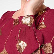 Nina Leonard Textured Wave Sequined Balloon Sleeve Top