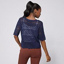 Nina Leonard V-Neck Button-Front Crochet Bolero