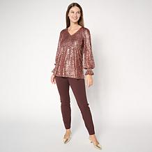 Nina Leonard V Neck Printed Foiled Powermesh Top