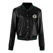 Officially Licensed NFL Sequin Logo Faux Leather Bomber Jacket