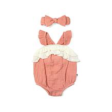 Rabbit + Bear Organic Cotton Girls Solid Romper and Headband Set