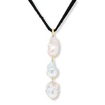 Rarities 36" Blue Topaz and Cultured Pearl Black Suede Lariat Neckl...