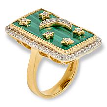 Rarities Gold-Plated Malachite and Zircon Rectangular Celestial Ring
