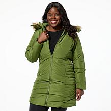 Sporto® Daisy Water-Resistant Quilted Long Coat with Removable Hood