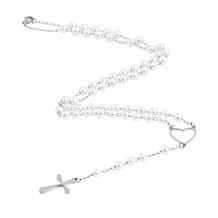 Stately Steel Pearl Heart Cross Rosary Necklace