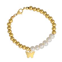 Stately Steel Simulated Pearl Beaded Butterfly Drop 7" Bracelet