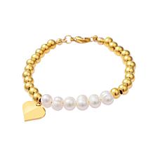 Stately Steel Simulated Pearl Beaded Heart Drop 7" Bracelet