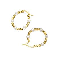 Stately Steel Stainless Steel Simulated Pearl Bead Hoop Earrings
