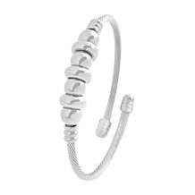 Stately Steel Twisted Cable Wire Bead Accent Cuff Bangle