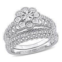 Sterling Silver 0.16ctw Diamond Floral Bridal Ring 2-piece Set