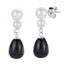 Sterling Silver 3-5.5mm Cultured Pearl and Onyx Drop Earrings