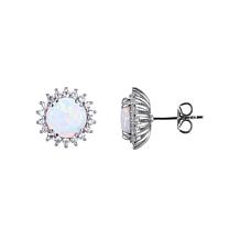 Sterling Silver Round Created Opal and CZ Halo Stud Earrings