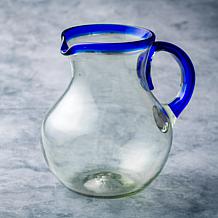 Ten Strawberry Street Handblown Mexican Glass Cobalt Rim Pitcher 