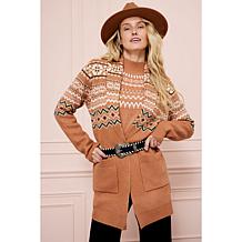 TWRHLL by Christie Brinkley Fair Isle Sweater Knit Belted Coatigan