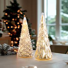 Winter Lane 2-piece Set Twinkle Effect Glass Trees with 6-Hour Timer