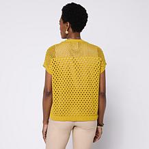 WynneLayers Cap-Sleeve Open-Stitch V-Neck Sweater