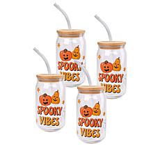 10 Strawberry Street Spooky Vibes Glass Tumbler, Straw & Lid, Set Of 4