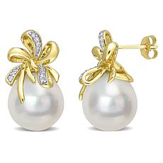 10K Gold 12-12.5mm South Sea Cultured Pearl Diamond Floral Earrings