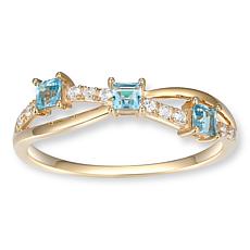 10K Gold Blue Topaz and Created White Sapphire Crossover Ring