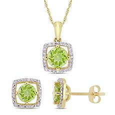10K Gold Peridot and Diamond Pendant Necklace and Earring Set