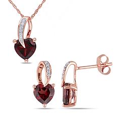 10K Rose Gold Garnet and Diamond Heart-Shaped Pendant and Earrings
