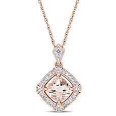 10K Rose Gold Morganite, Diamond and Created Sapphire Halo Necklace