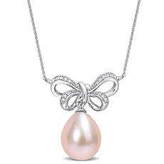 10K White Gold 9.5-10mm Pink Cultured Pearl Diamond Bow Necklace