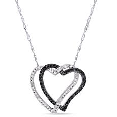 10K White Gold Black and White Diamond Double Open Heart Necklace