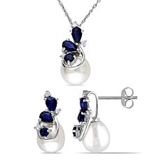 10K White Gold Cultured Pearl, Diamond and Gem Earrings and Pendant
