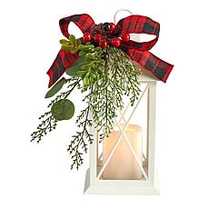 12" Holiday White Lantern With Berries, Pine and Plaid Bow