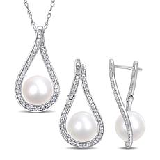 14K Gold Cultured Pearl and Diamond Teardrop Earrings and Pendant