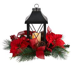 15” Holiday Poinsettia, Pinecone and Greenery with Lantern