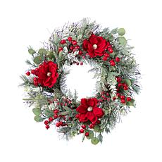 24"D Christmas Red Magnolia & Berry Wreath