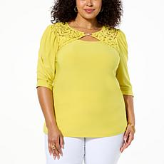 "As Is" Antthony Ornamented Lace Twist Neck Puff Sleeve Blouse