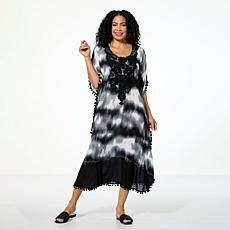 "As Is" Antthony Printed Tie-Dye Crochet Caftan Dress with Tassels