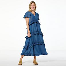 "As Is" Antthony Tiered Ruffle Denim Maxi Dress