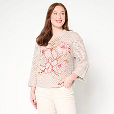 "As Is" Democracy Floral Embroidered 3/4-Sleeve Sweater