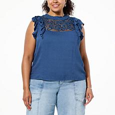 "As Is" Democracy Woven Crepe Double Ruffle Cap-Sleeve Top