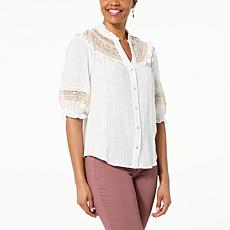 "As Is" Democracy Woven Gauze Ruffled Edge Button-Front Top