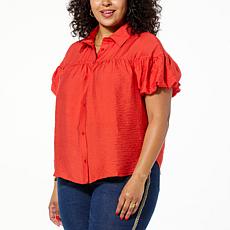 "As Is" DG2 by Diane Gilman Balloon-Sleeve Button-Up Blouse