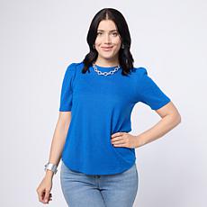 "As Is" DG2 by Diane Gilman Brushed Sweater Knit Short Puff-Sleeve Top
