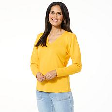 "As Is" DG2 by Diane Gilman Cotton Knit Pleated Curtain Shoulder Top