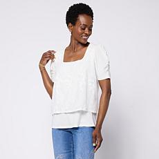 "As Is" DG2 by Diane Gilman Embroidered Puff-Sleeve Square-Neck Top